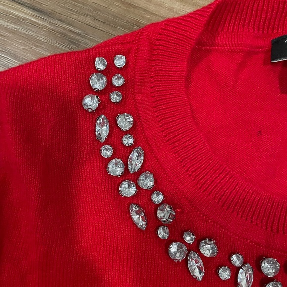 Red Holiday Sweater Embellished Neck | Ann Taylor Factory - Picture 5 of 8